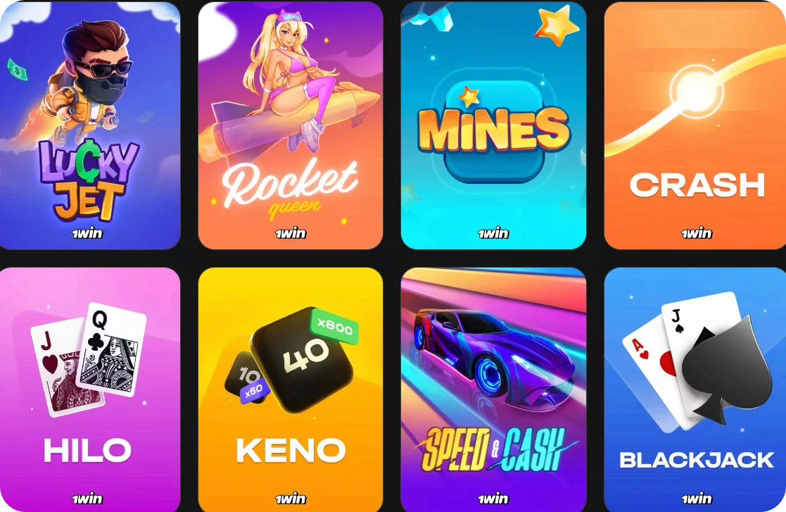 Игры 1Win Games: Lucky Jet, Rocket Queen, Mines, Crash, Hilo, Keno, Speed Cash и Blackjack